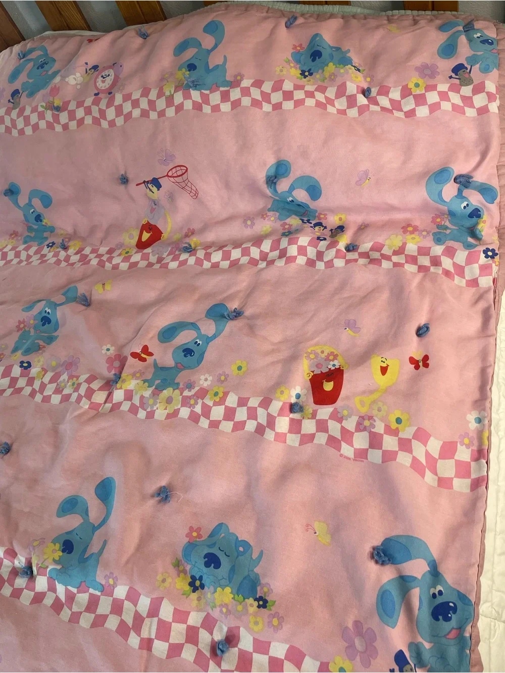 Vtg 90s Blues Clues Pink Hand-Tied Twin Quilt Blanket 84x59 As-Is Upcycled